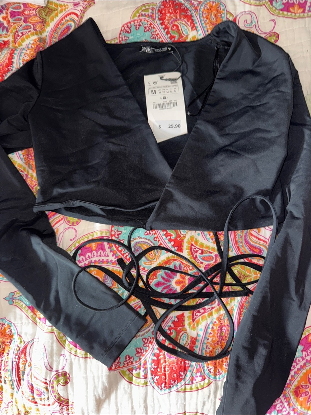 Zara Black Satin Wrap Bralette with Long Ties